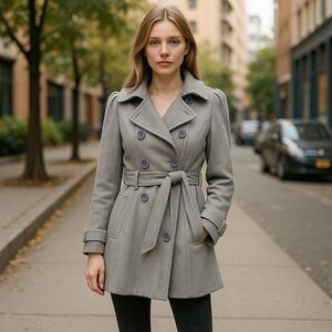 Miss London Gray Trench Coat with Belted Waist size Small